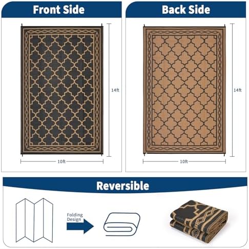 GlowSol Outdoor Rug Waterproof 10x14 ft Large Reversible Outdoor Plastic Straw Patio Rugs,Foldable Camping Rug with Carry Bag, RV Mat Outside Rugs for Patio,Picnic,Balcony,Deck,Backyard,Black/Brown - Image 2