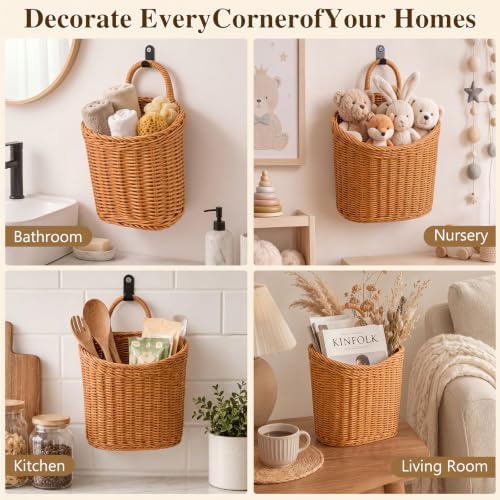 4 Pcs Hanging Wicker Wall Baskets with Hooks Woven Storage Baskets - Image 5