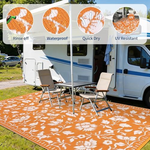 Garvee Outdoor Rug Waterproof 6x9 Floral Outdoor Plastic Straw Rug, Orange - Image 4
