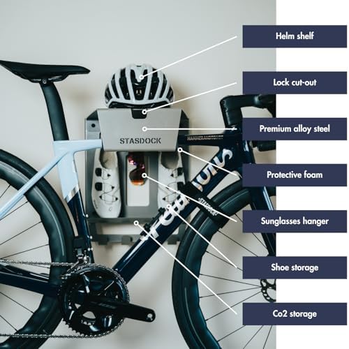 Stasdock Wall Bike Rack | Bike Storage Wall Mount System | For Race Bicycles (Silver Metallic) and Mountain Bikes | Bike Shelf | Indoor bike wall bracket | Stores helmet and shoes | Home and Garage - Image 4