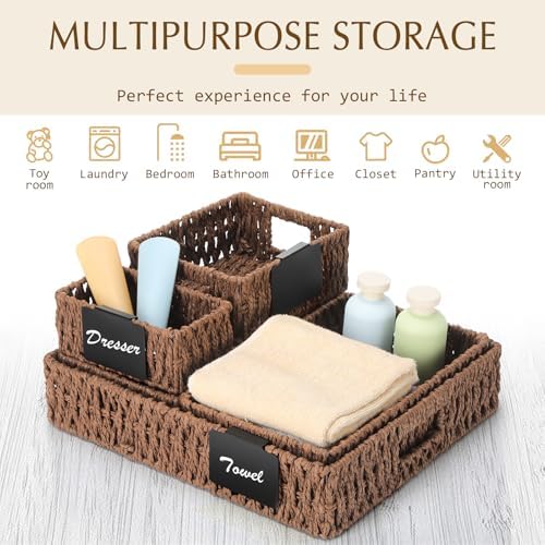 Marsui 9 Pcs Paper Rope Storage Baskets with Handle Labels Handwoven Multi-size Brown Storage Bins for Organizing Small Baskets Container for Shelves Closet Pantry Toilet - Image 4