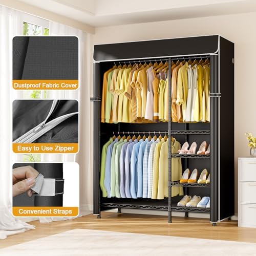 ULIFHOME F2C Clothes Rack with Cover, Black Clothing Racks Heavy Duty - Image 4