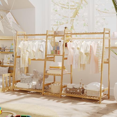 BAMBOOHOMIE Kids Clothing Rack with Shelves, Bamboo Clothes Garment Rack for Kids Child Baby, Kids Dress Up Storage Rack with Top Shelf, Toddlers Wardrobe Closet for Nursery (Large Size) - Image 7