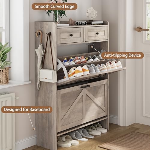Shoe Cabinet with 2 Flip Drawers & 2 Top Drawers, 43" Tall Freestanding Narrow Wooden Shoe Storage Organizer for Entryway, Hidden Slim Shoe Rack for Front Door Entrance, Hallway, Living Room, Grey - Image 5