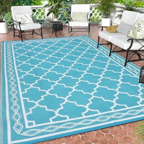 GlowSol Reversible Outdoor Rug 9x18 ft Clearance, Waterproof Outdoor Plastic Straw Rug with Carry Bag, Modern Geometric Patio Rug,RV Mat for Porch,Deck,Backyard,Camping,Balcony,Deck,Backyard,Blue - Image 7