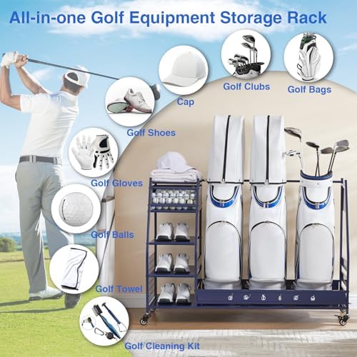 Lauren&Harold Golf Bag Organizer Garage Storage, Golf Storage Rack Stand Fits 2 Golf Bags, Golf Clubs and Other Golfing Equipment Accessories, Golf Organizer for Garage, Club, Shed, Basement - Image 6