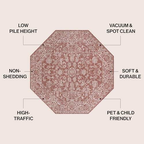 JONATHAN Y Weave Floral Indoor Outdoor Octagon Area Rug 8 Ft Red/Taupe, Tela Bohemian Textured for Backyard, Patio, Porch, Easy-Cleaning, High Traffic, Pet-Friendly, Non-Shedding (SMB100A-8TGN) - Image 2