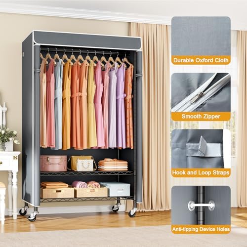 ULIFHOME P6C Rolling Clothes Rack with Cover, 3-Tier Covered Clothing Rack - Image 6