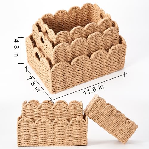 Scalloped Wicker Baskets Set of 3, Hand-Woven Storage with Handles - Image 3