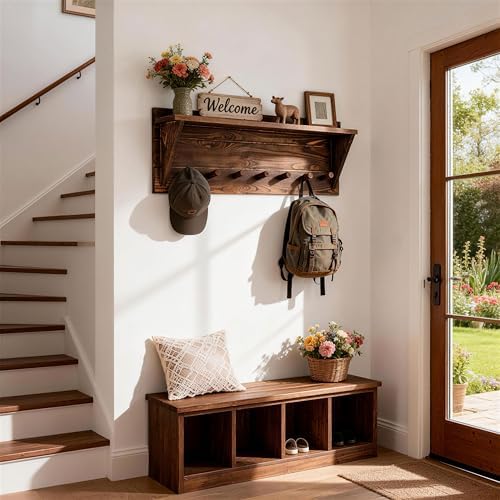 WEBI Coat Rack Wall Mount with Shelf,30" Long Entryway Wall Shelf with Hooks Underneath,7 Peg Hooks for Hanging Coats,Caps,Jacket,Clothes,Brown - Image 4