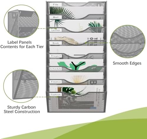 EasyPAG 8 Pocket Mesh Wall File Organizer, Hanging Paper Folder Holder with Classify Label, Vertical Wall Mount Mail Organizer for Office Home Classroom, Silver - Image 3