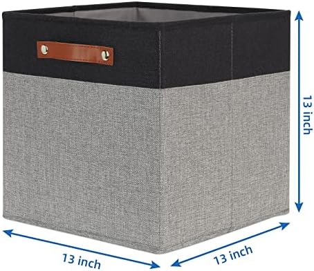 Temary 13 x 13 Storage Cubes Foldable Storage Cubes 4 Pack Canvas Storage Bin for Home, Square Storage Baskets with Leather Handles (Black&Grey) - Image 2