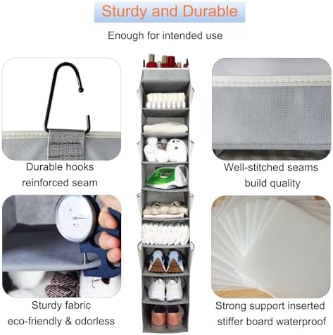 2 Pack Large-Sized Hanging Shoe Organizer 10-Shelf, Sturdy Hanging Closet Organizer with 8 Side Pockets, Wider Hanging Shelves for Storage Shoes Clothes Jeans Shirts Toys, Grey. - Image 5