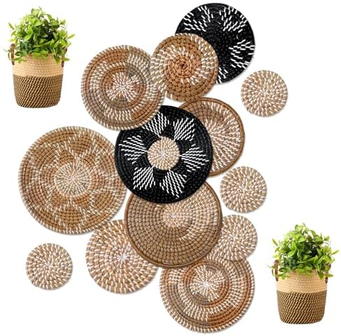 Xuhal 15 Pcs Boho Wall Basket Decor Handcrafted Seagrass Woven Wall Basket Rustic Round Woven Hanging Art for Home Farmhouse Kitchen Table Living Room (Dark Colors Style) by Xuhal