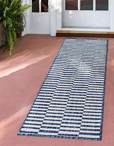 Unique Loom Outdoor Striped Collection Area Rug - Striped (2' x 6' 1" Runner, Blue/Ivory) by UniqueLoom