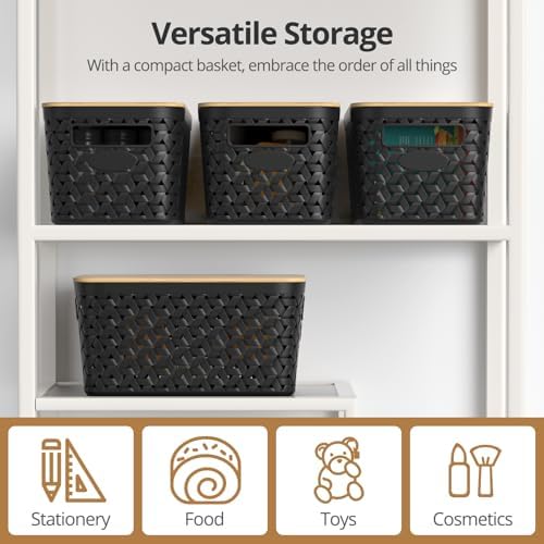 Plastic Storage Bins with Bamboo Lids, Stackable Small Box Baskets for Organizing and Containers for Shelves Drawers Desktop Closet Pantry Classroom Office Home, 4 Pack 12x7.3x6.2 Inch, Black - Image 5