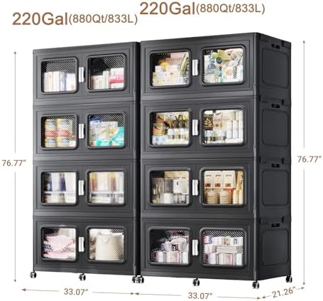 BROVIEW 440Gal Storage Bins, 1760Qt Extra Large Stackable Storage Box with Lids & Wheels - Heavy Duty Collapsible Plastic Cabinets, Open Front Door for Sundries in Home & Office, Black 8 Pack - Image 2