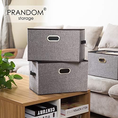 PRANDOM Larger Collapsible Storage Bins for Closet [5-pack] Decorative Linen Fabric Storage Baskets Cubes with Leather/Metal Handles for Living Room Grey (17.3x12.2x10.4 Inch) - Image 2