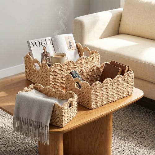 Scalloped Wicker Baskets Set of 3, Hand-Woven Storage with Handles - Image 6