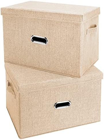 Large Linen Fabric Foldable Storage Bins with Removable Lid and Handles, Washable Storage Box Organizer Containers Baskets Cube with Cover for Bedroom,Closet,Office (Khaki, Large(2-Pack)) by Unknown