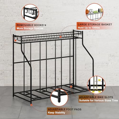 4 Bike Stand, Bike Rack Garage with Storage Rack, Bicycle Stand for Garage Organizer, Indoor Sporting Gear Storage Station for Mountain/Road/Hybrid & Fat Tire Bike - Image 4