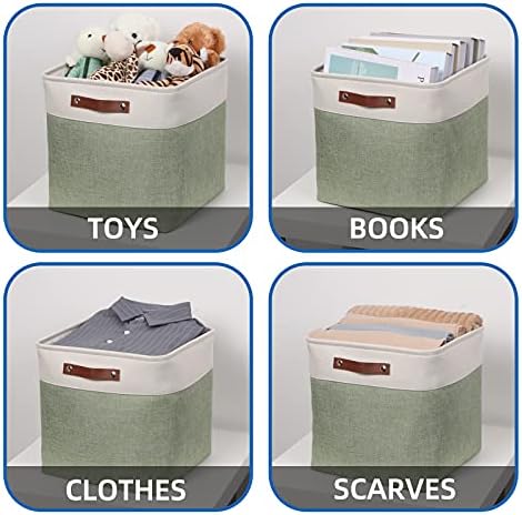 Temary Cube Storage Baskets for Shelves 4pack Fabric Storage Basket for Organizing Clothes, 13 Inch Storage Cubes with Leather Handles, Closet Baskets (White&Green) - Image 5
