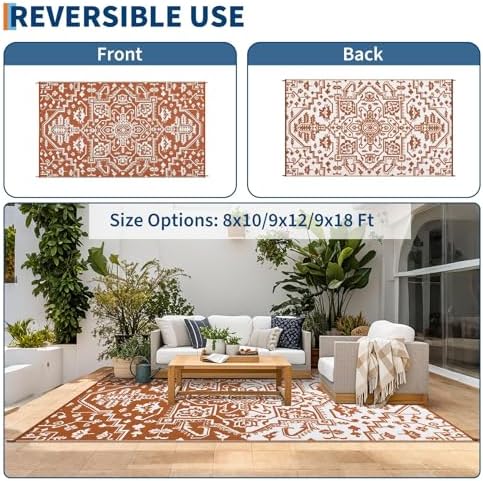 GAOMON 9x18 Boho Vintage Outdoor Rug Waterproof Patio Rug Vintage Floral Reversible Plastic Straw Picnic Rug Portable Outside Carpet for Patio RV Deck Backyard Beach Pool Side, Orange Red White - Image 4
