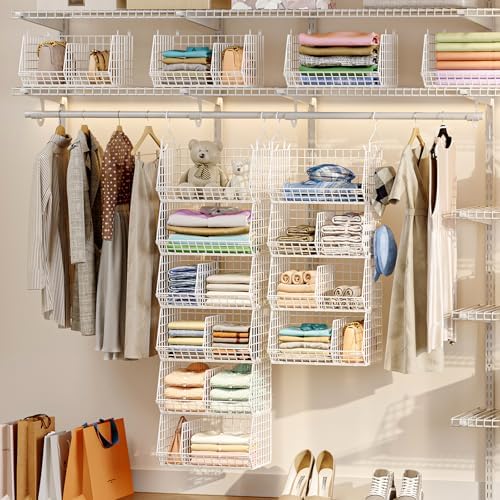 6 Tier Extra Large Hanging Closet Organizer, Closet Storage Hanging with Dividers, Wire Closet Shelf with 5 S Hooks 4 Dividers,Sweater Handbag Hat Accessory Storage Hanger,White - Image 2