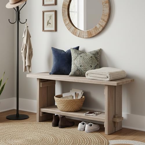 Alaterre Bethel Rustic Solid Wood Entryway Bench with Shelf, Driftwood - Image 5