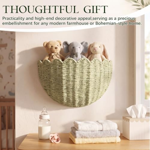 Newtay Sage Green Scalloped Wall Basket 16" x 10" x 7" Hand Woven Rattan Hanging Basket Boho Farmhouse Storage Organizer for Bathroom Living Room Entryway Decorative Floating Wicker Bin - Image 6