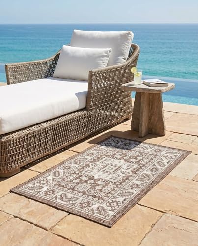Rugs.com - Outdoor Aztec Rug – 2' x 3' 1 Brown Indoor/Outdoor Rug – Weather Resistant Flatweave for Patios, Decks, and Entryways by Rugscom