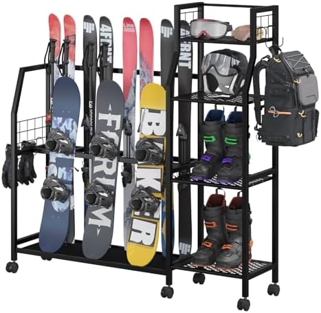 Kikihouse 4-Tier Freestanding Snowboard Rack for 4 Pairs of Skis, 3 Snowboards, Boots, Poles, Goggles, Helmets, Ski Storage Rack with Adjustable Shelves, Snowboard Stand for Home, Garage by Kikihouse
