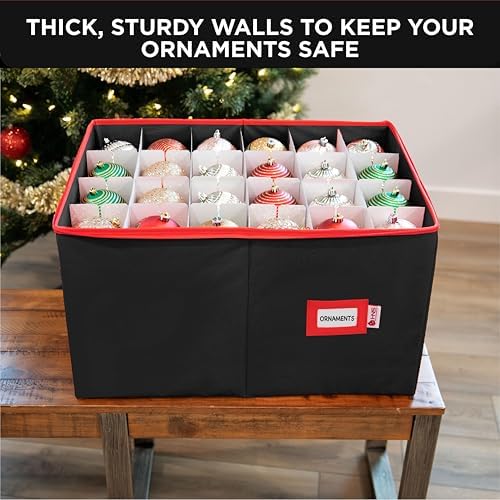 Christmas Ornament Storage Container with Dividers - Box Stores Up to 96 Ornaments, Zippered, Convenient, Adjustable, Large Organizer Bin to Protect Holiday Décor, Fits Most Standard Size, Black - Image 2