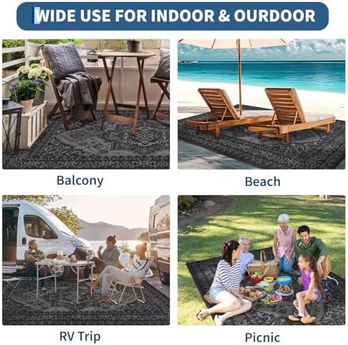 Outdoor Rug 9x12 Reversible Patio Rug Outdoor Plastic Straw Rugs Vintage Medallion Waterproof Outside Carpet for Deck RV Camping Rugs for Patio Backyard Picnic Porch Beach Balcony, Black Grey - Image 7