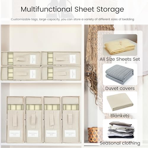 Simple&Opulence 4 Pack Bed Sheet Organizers and Storage, Linen Closet Organizers, Sheets Set Folder Storages with Window and Label (Queen/King Size) Organizing Bedding Container, Linen - Image 3