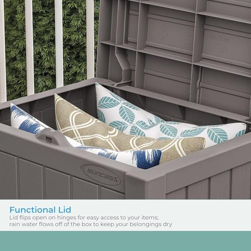 Suncast 22-Gallon Small Deck Box - Lightweight Resin Indoor/Outdoor Storage Container and Seat for Patio Cushions and Gardening Tools - Store Items on Patio, Garage, Yard - Stone Gray, Made in the USA - Image 6