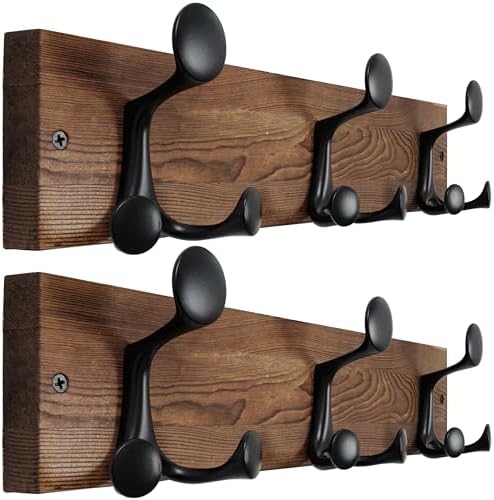 WEBI Coat Rack Wall Mount,17" Solid Wood Coat Hooks Wall Mounted Coat Hanger,16" Hole to Hole,Heavy Duty Hook Rack,3 Triple Hooks for Hanging Coats,Jacket,Hat,Backpack,Farmhouse,Brown,2 Packs by WEBI