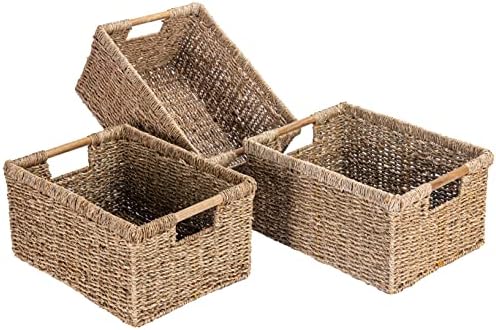 Large Wicker Basket Rectangular with Wooden Handles for Shelves, Seagrass Basket Storage, Natural Baskets for Organizing, Wicker Baskets for Storage - 3 Pack Large by VATIMA