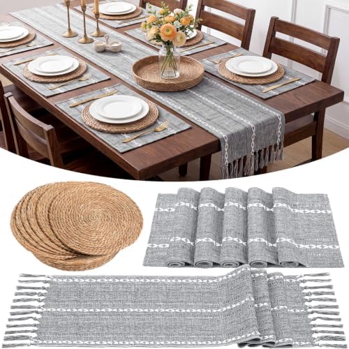 Long Table Runner and Round Woven Placemats Set, 6 Sets, Blue by Gandeer