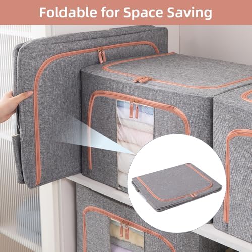 GuliPostan 3 Pack 66L Stackable Clothes Storage Bins with Metal Frame Handles & Zipper, Collapsible Closet Organizer Box with Lid for Bedding Blankets Towel (Grey) - Image 4