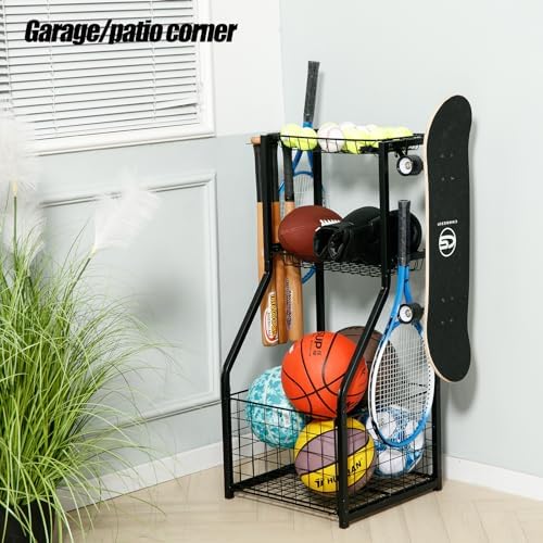 YueTong Sports Equipment Organizer for Garage Organization,Ball Storage With Basketball Holder and Ball Cart Rack,Outdoor Toy Storage with Bin for Nerf Gun,Football,Volleyball Stuf,Gym Accessories - Image 2
