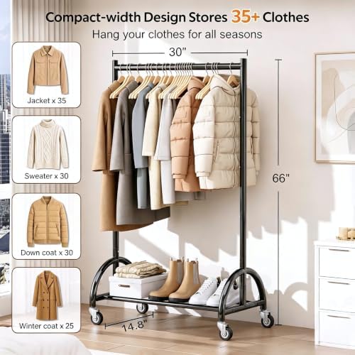 MISSLO Heavy Duty Clothing Rack with Wheels Rolling Clothes Racks for Hanging Clothes, Coats, Garment, Dress, Black, 30" W - Image 3