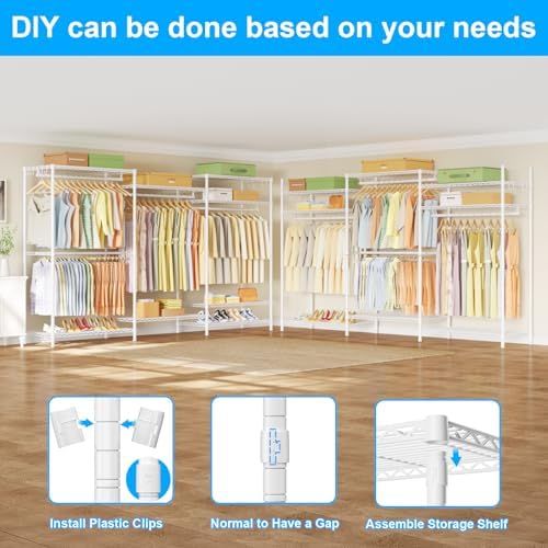 Ulif E13 Max Heavy Duty Clothes Rack（With 4 Hanger Rods & 8 Shelves） Freestanding Clothing Racks for Hanging Clothes，Adjustable Closet，Metal Garment Rack 86" W x16 D x77 H，Max Load 1100LBS，White - Image 4