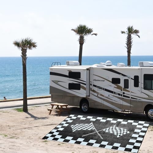 EEZ RV Products 9'x12'cf Heavy Duty Reversible/Durable Outdoor RVing/Boondocking Mats (9ft x12ft Black & White Checker Flag) Come with Large Storage Bag & 6 Sets of Stakes and Washer by EEZRVProducts