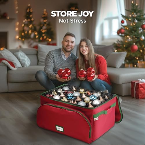 HOLDN’ STORAGE Premium Christmas Ornament Storage Container - Holds Up to 72-4” Ornaments Durable 600D Fabric - Adjustable Dividers - 3 Individual Trays - Metal Frame - Red - Image 2