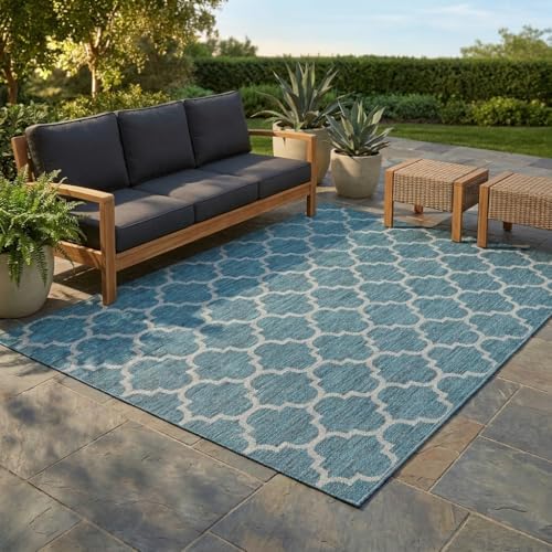 Unique Loom Outdoor Trellis Collection Area Rug (7' 1" x 10' Rectangle, Teal/ Gray) by UniqueLoom