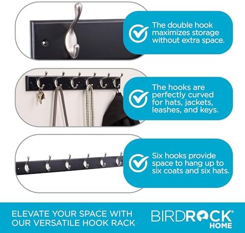 BIRDROCK HOME Oval Hook Coat and Hat Rack | 6 Hooks | 2 Pack | Wall Mount | Black Finish | Satin Nickel Hooks - Image 5