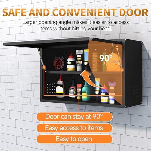Metal Garage Wall Cabinet with Up-Flip Door, Black Float Tool Cabenit with Adjustable Shelf,Upper Storage Cabinets with Pegboard for Kitchen,Garage,Workshop,Warehouse (19.7" H,Black) - Image 4