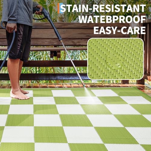 GarveeHome Waterproof Outdoor Rug 9 x 12 Large Modern Checkboard Plastic Straw Rug, Foldable Reversible Camping Mat, UV-Resistant Geometric Plaid Woven Carpet for Picnic, Deck, Green White - Image 2