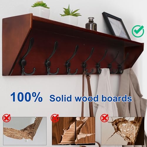 WEBI Coat Rack Wall Mount with Shelf,35" Long Wall Shelf with Hooks Underneath,7 Triple Hooks for Entryway,Hallway,Bedroom,Cherry - Image 3